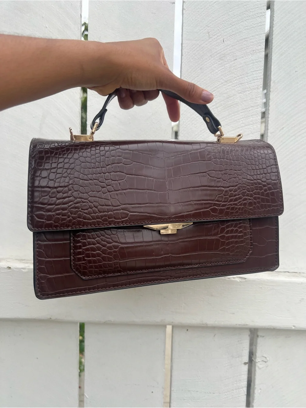Zara Croc-Embossed Top-Handle Bag Oxblood/Burgundy/Chocolate Brown